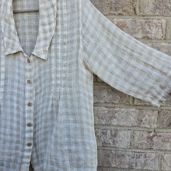 Flax Womens Striped Blouse Peter Pan Collar Button Front Linen Pleated Small - Picture 5 of 10